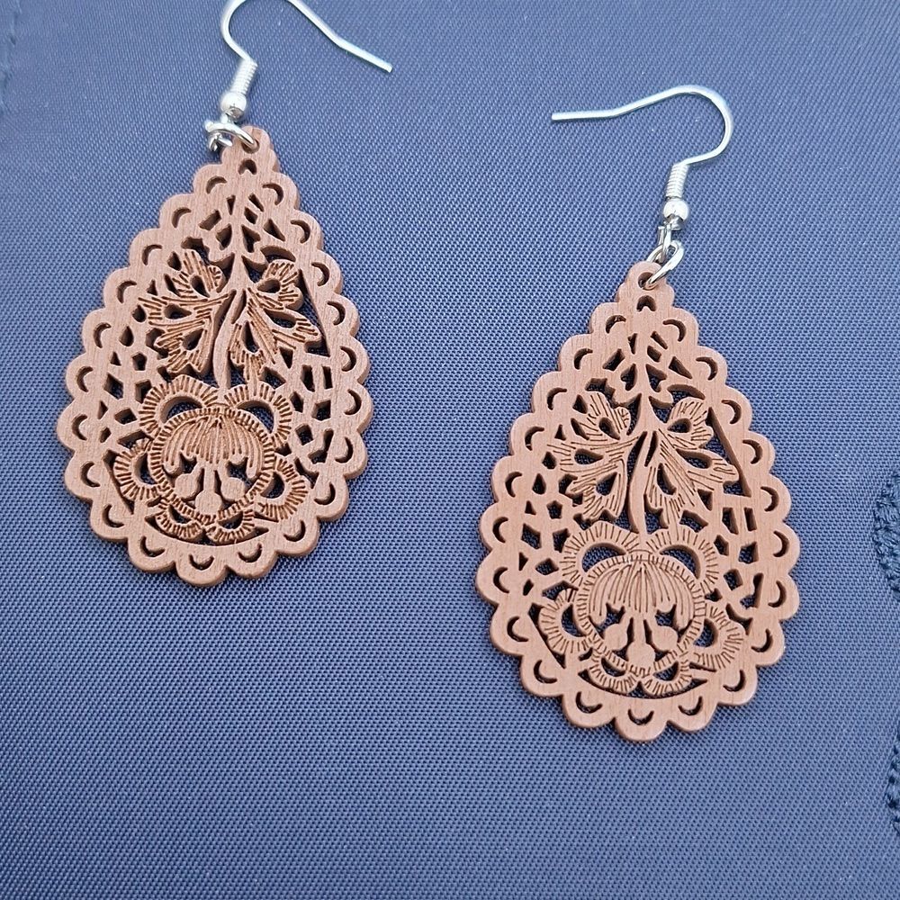 Brown Boho earrings carved hollowed wood stencil lightweight